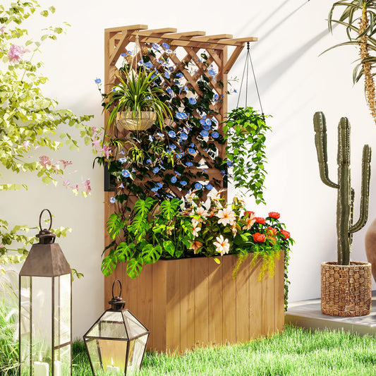 Wooden Planter with Trellis, Freestanding Raised Garden Bed with Drainage Holes, Outdoor Planter Box with Liner for Vegetables, Herbs and Flowers