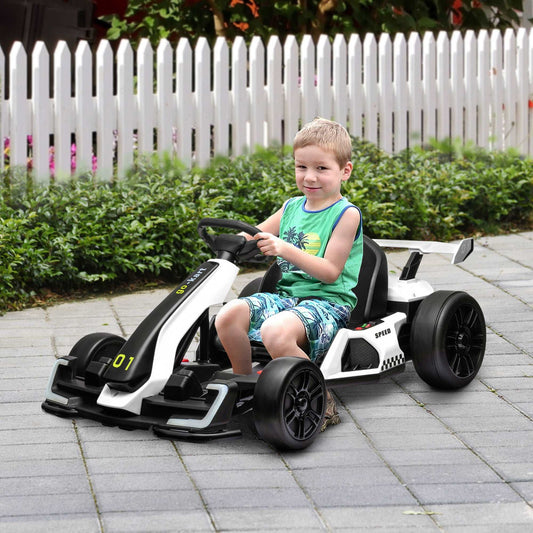 24V Electric Go Kart for Kids with Adjustable Seat for 6-12 Years Old, White