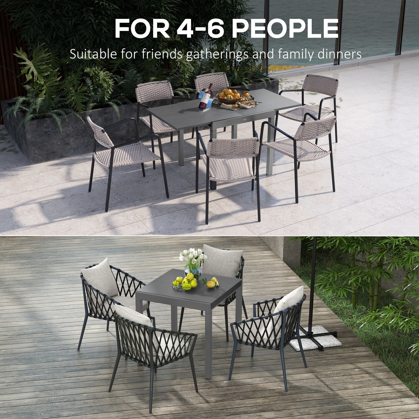 Outsunny Extendable Garden Table for 6 with Aluminium Frame, Steel Tabletop, Dark Grey