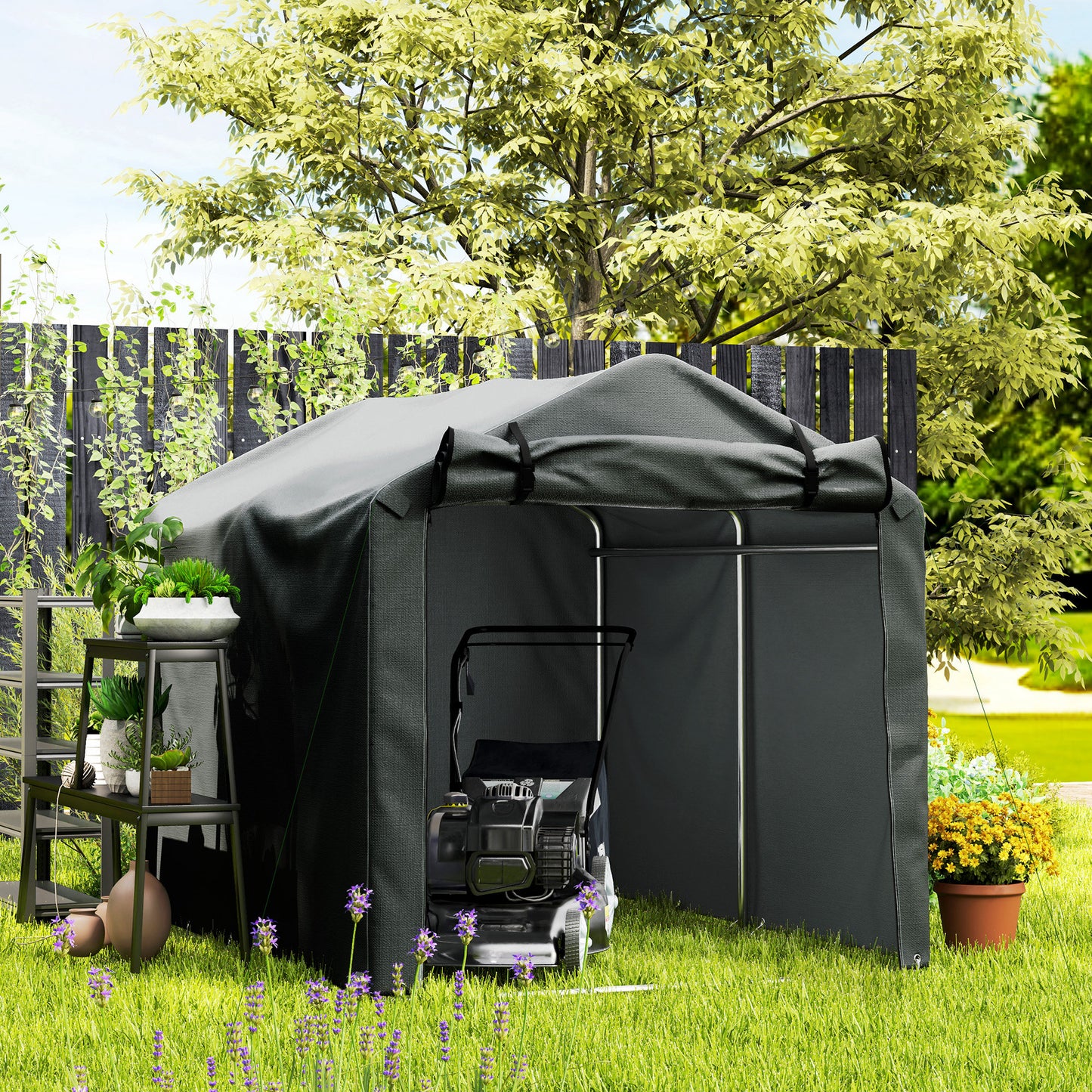 2.2 x 1.6 m Garden Storage Tent, Waterproof Anti-UV Bike Tent with Roll-up Zipper Door, Galvanised Outdoor Storage Shelter Carport, Dark Grey