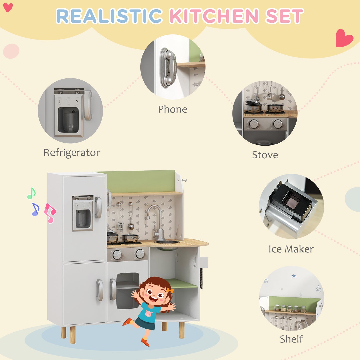 Kids Pretend Play Toy Kitchen Role Playing Game With Phone, Ice Maker, Stove, Utensils, For 3-6 Years, White