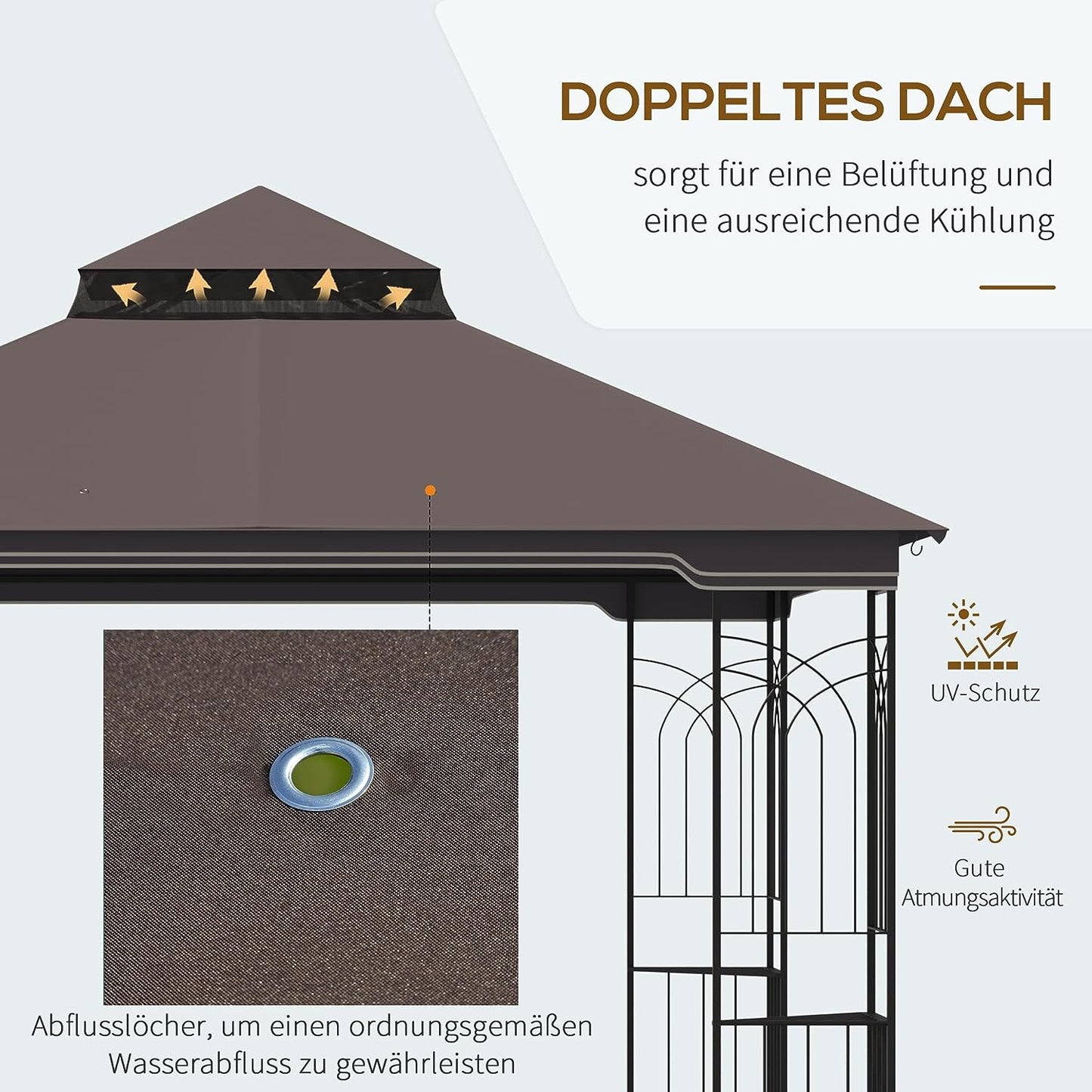 Gazebo Garden Outdoor Canopy Double Tier Roof with Mesh Curtains Display Shelves Coffee 3 x 3(m)