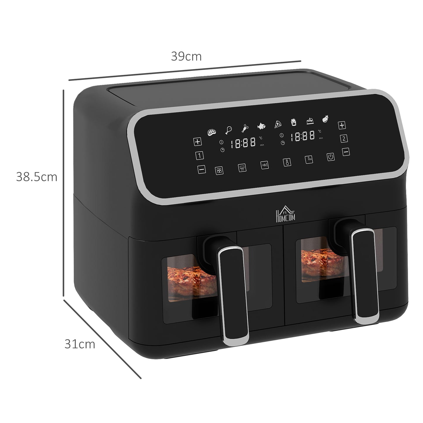 Dual Air Fryer Double Oven, 8L Family Size W/ 8-In-1 Presets, Smart Finish, Digital Display, Visual Window, Recipe, Timer, Healthy Cooking - Silver