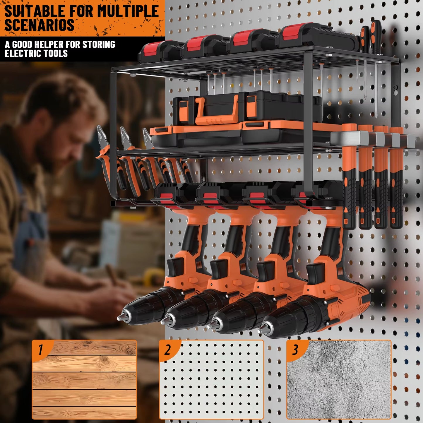 3-Tier Power Tool Storage, Heavy Duty Metal Tools Shelf Organiser Rack For 4 Drill Tools, Toolbox, Screwdrivers, Pliers