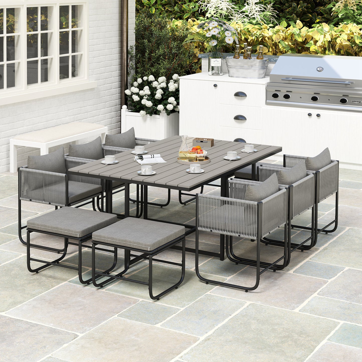10 Seater Rattan Cube Garden Furniture Set, Rattan Dining Set with Cushions, Outdoor Dining Table and Chairs with 6 Armchairs, 4 Stools - Grey