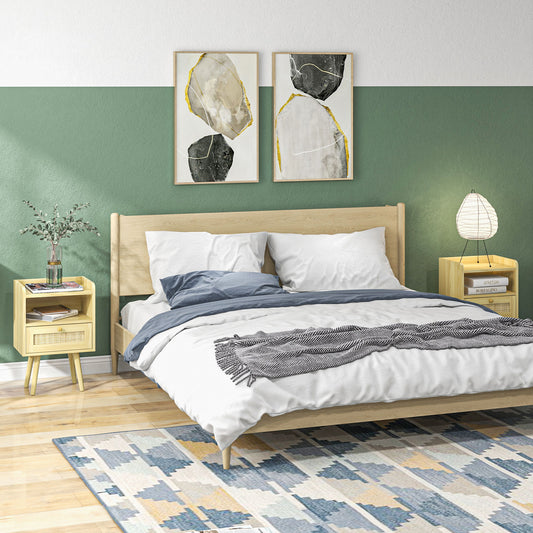 Bedside Table Set of 2, Boho Nightstand with Drawer, Storage Compartment, Natural Wood Finish