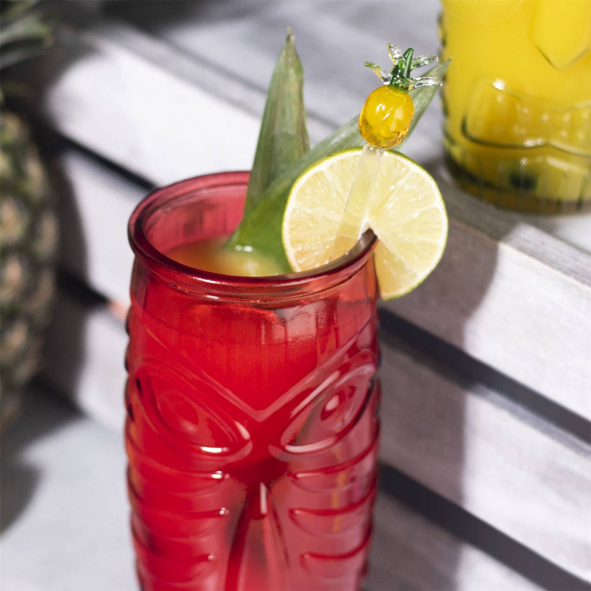 Pukkr Tiki Cocktail Glasses | Set of 2 × 600ml | Red & Green Embossed Face Design | Tropical Cocktail & Mocktail Tumblers