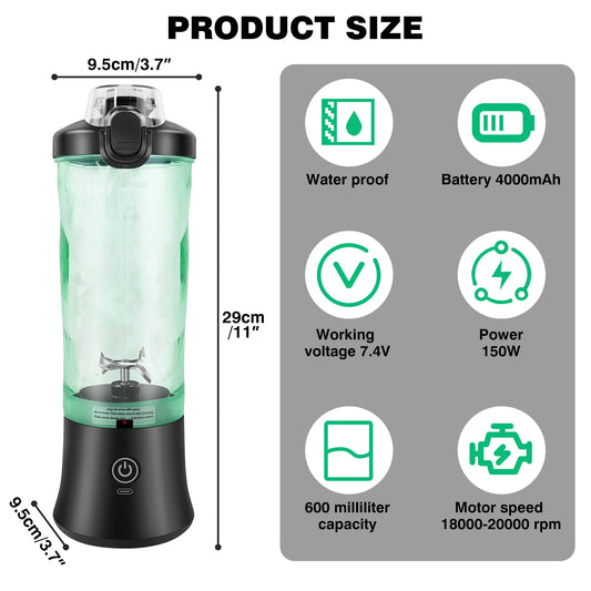 600ML Portable Mini Blender, Usb Rechargeable Small Smoothie Blending Machine, Large Capacity Travel Blender Portable Smoothies, Blends Ice