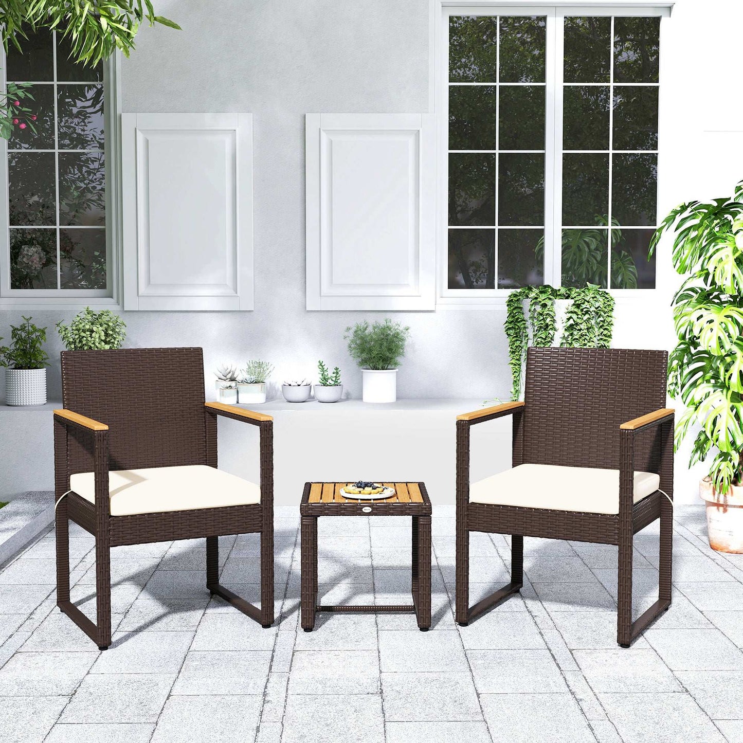 Outsunny Three-Piece Rattan Chair Set With Acadia Wood Table - Brown / Grey