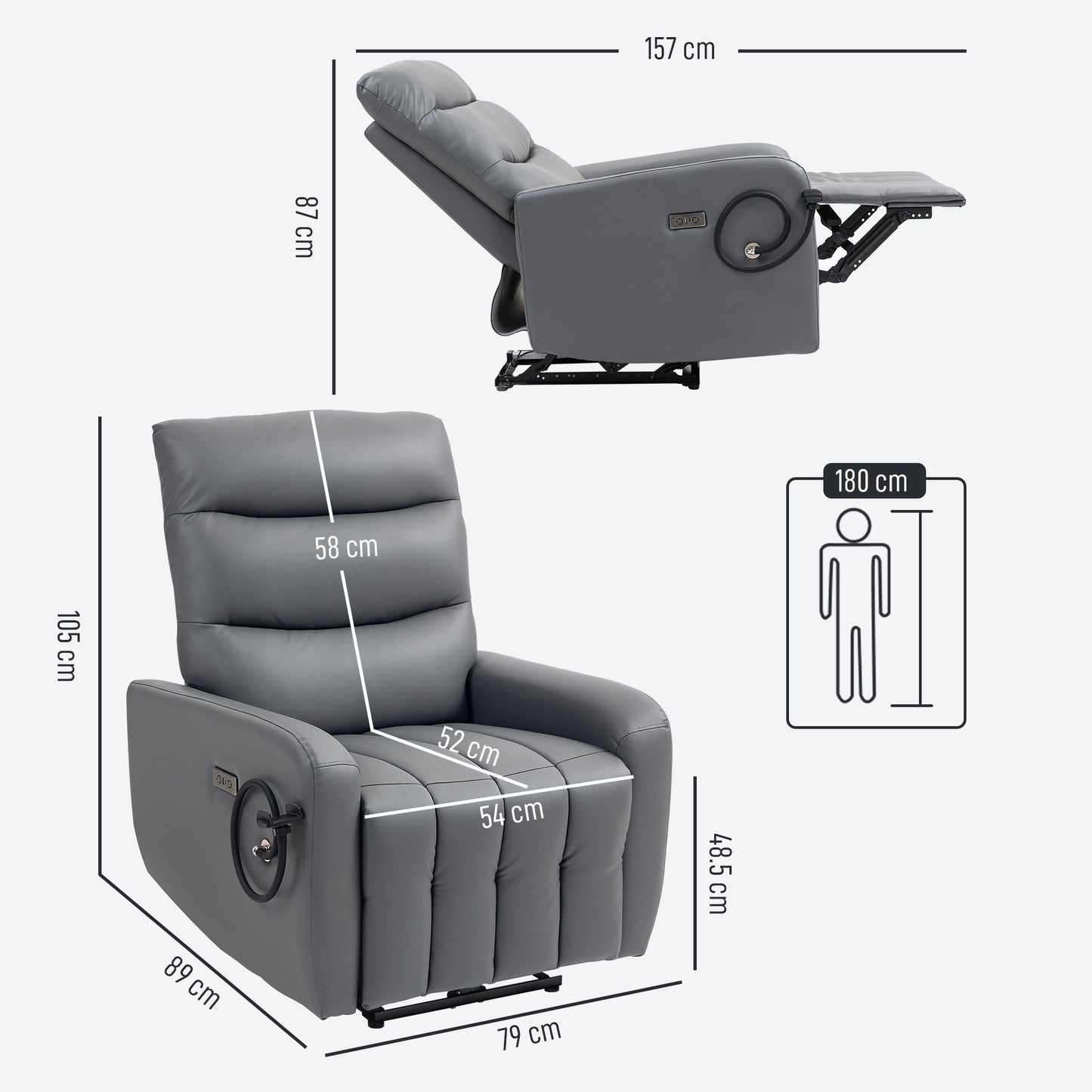 Electric Recliner Armchair with USB + Type C Charge Port, Phone Holder, PU Leather Reclining Chair for Home, Grey