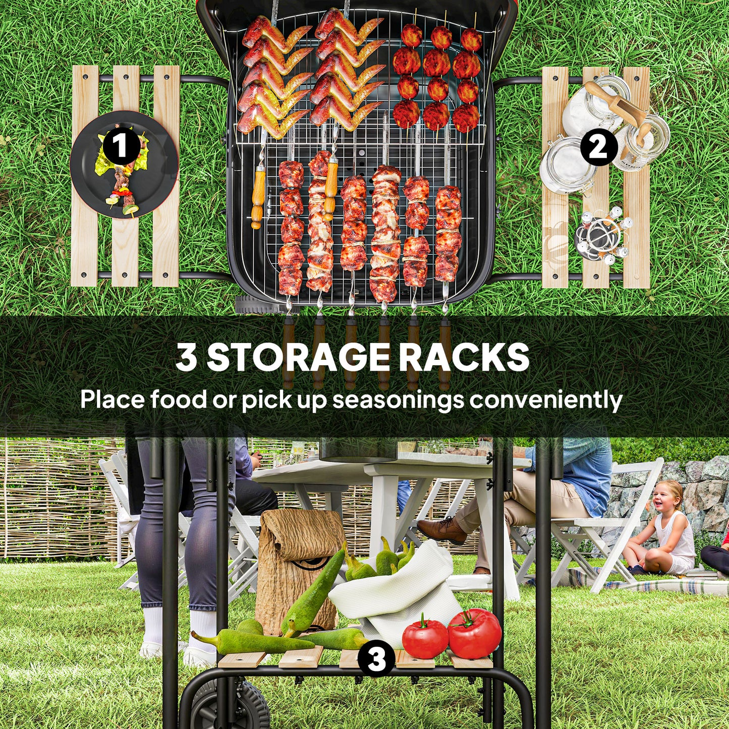 Charcoal Barbecue Grill Portable BBQ Grill with 1840 cm² Cooking Area, 3 Shelves, Adjustable Vent, Wheels for Outdoor Cooking, Garden Party