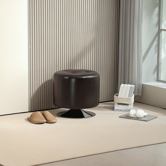 Retro Vintage Style 360° Swivel Foot Stool Round PU Footstool with Thick Sponge Padding and Solid Steel Base, Brown