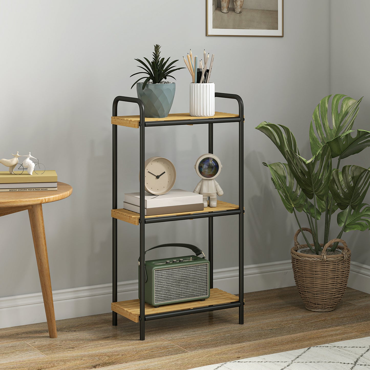 3-Tier Bamboo Bathroom Storage Shelf, Freestanding Narrow Shelving Unit with Slatted Shelves for Kitchen Bathroom Living Room, 41.5 x 21.5 x 77.5 cm, Natural and Black