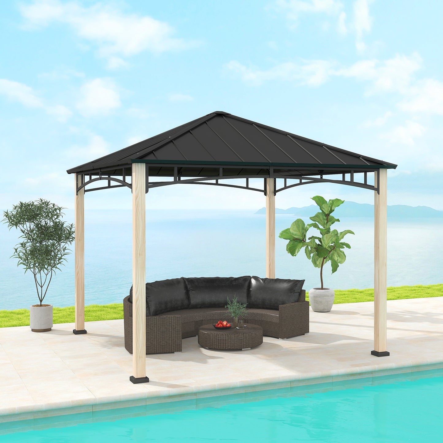 3 x 3(m) Hardtop Gazebo Canopy with Galvanised Metal Roof, Garden Gazebo Permanent Pavilion with Wood Grain Strong Columns