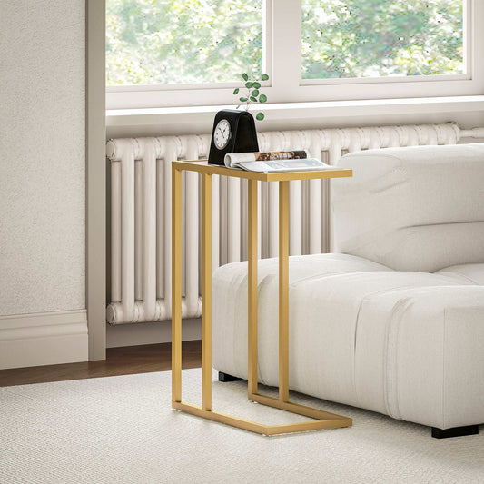 C-Shaped Bedside Table, Modern Side Table with Tempered Glass Tabletop, Steel Frame for Small Space, Living Room, Bedroom, Gold Tone