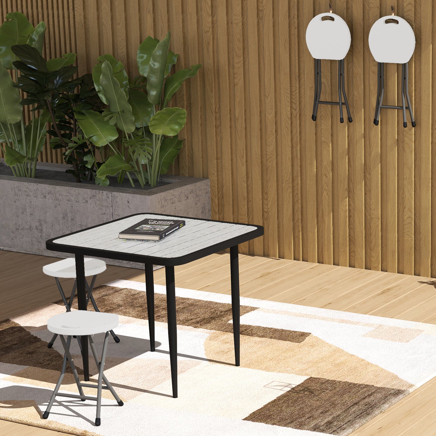 Outsunny Folding Stool Set of 4, Decorative Garden Stool Set with Safety Latch, Foldable Garden Stools with Powder-Coated Steel Legs HDPE Seat and Handle for Indoor and Outdoor, White