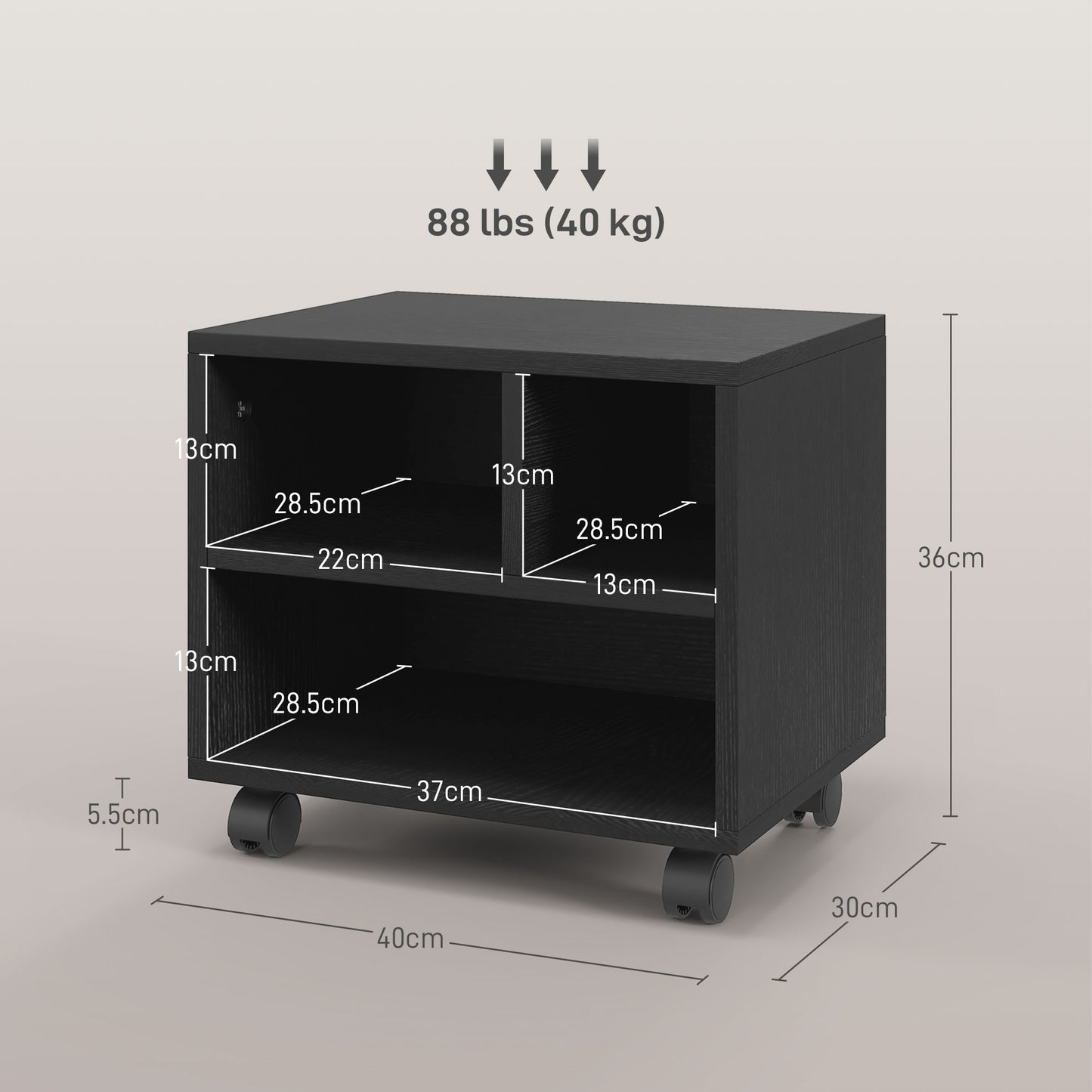 2-Tier Printer Stand with Storage, Under Desk Printer Cart on Wheels with 3 Compartments, Desktop Printer Table for Home Office, Black