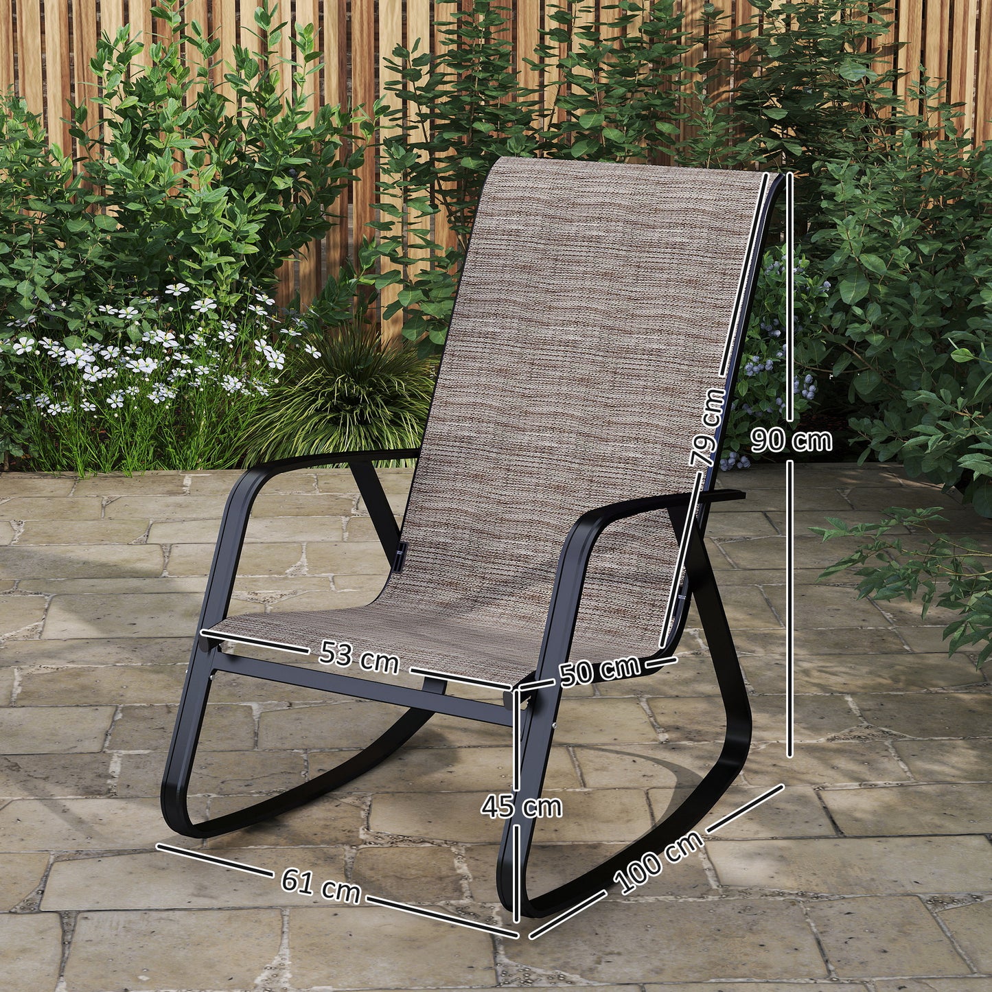 Outsunny Garden Rocking Chairs Set of 2, Ergonomic Outdoor Rocking Chairs with Armrests, High Backrest, Steel Frame Relaxing Rocker Armchair Seats, Light Brown