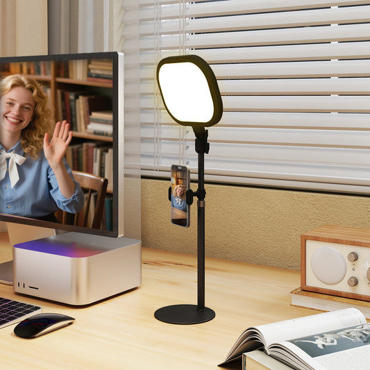 Selfie Light for Video Conference Lighting, Dimmable Desk Lamp with Stand Phone Holder, 5 Colour Modes & 10 Brightness Levels, Memory Function Recording, Video Calls