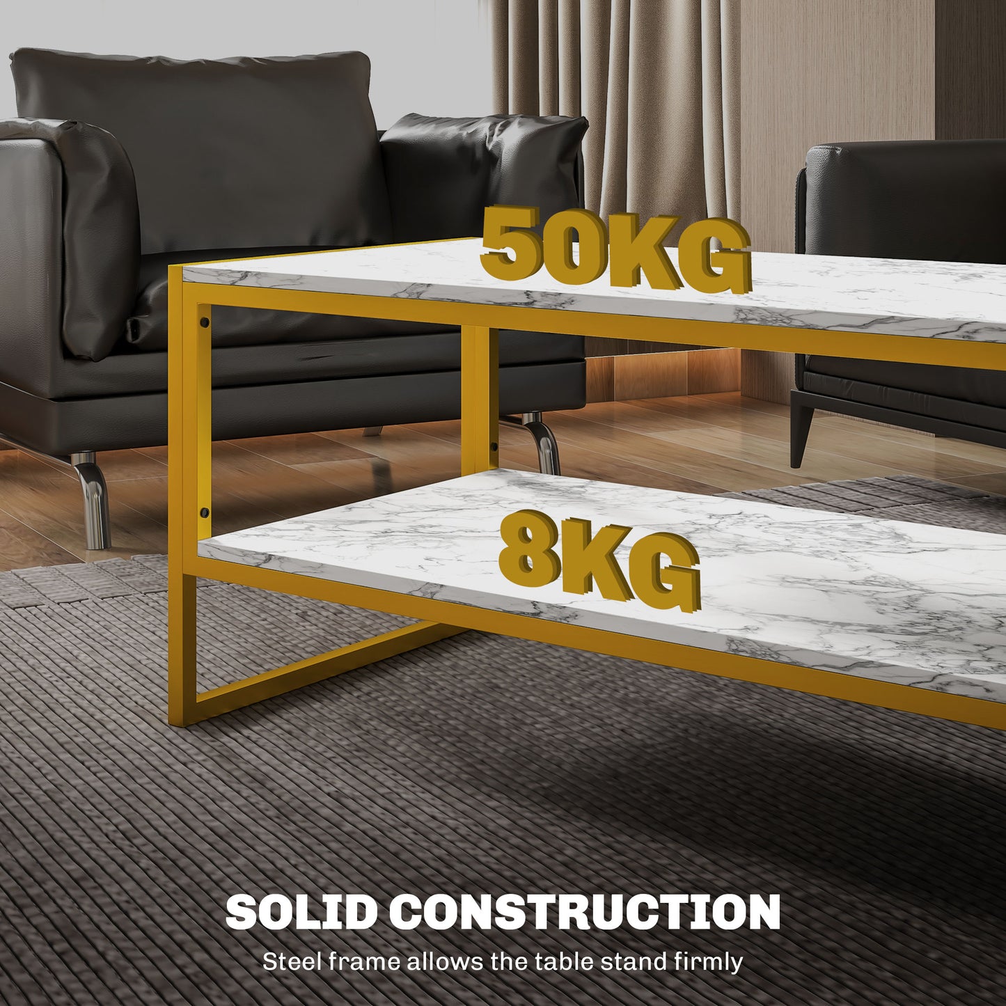 Two-Tier Coffee Table, Modern Marble Effect Center Table with Storage Shelf and Metal Frame, Tea Table for Living Room, White