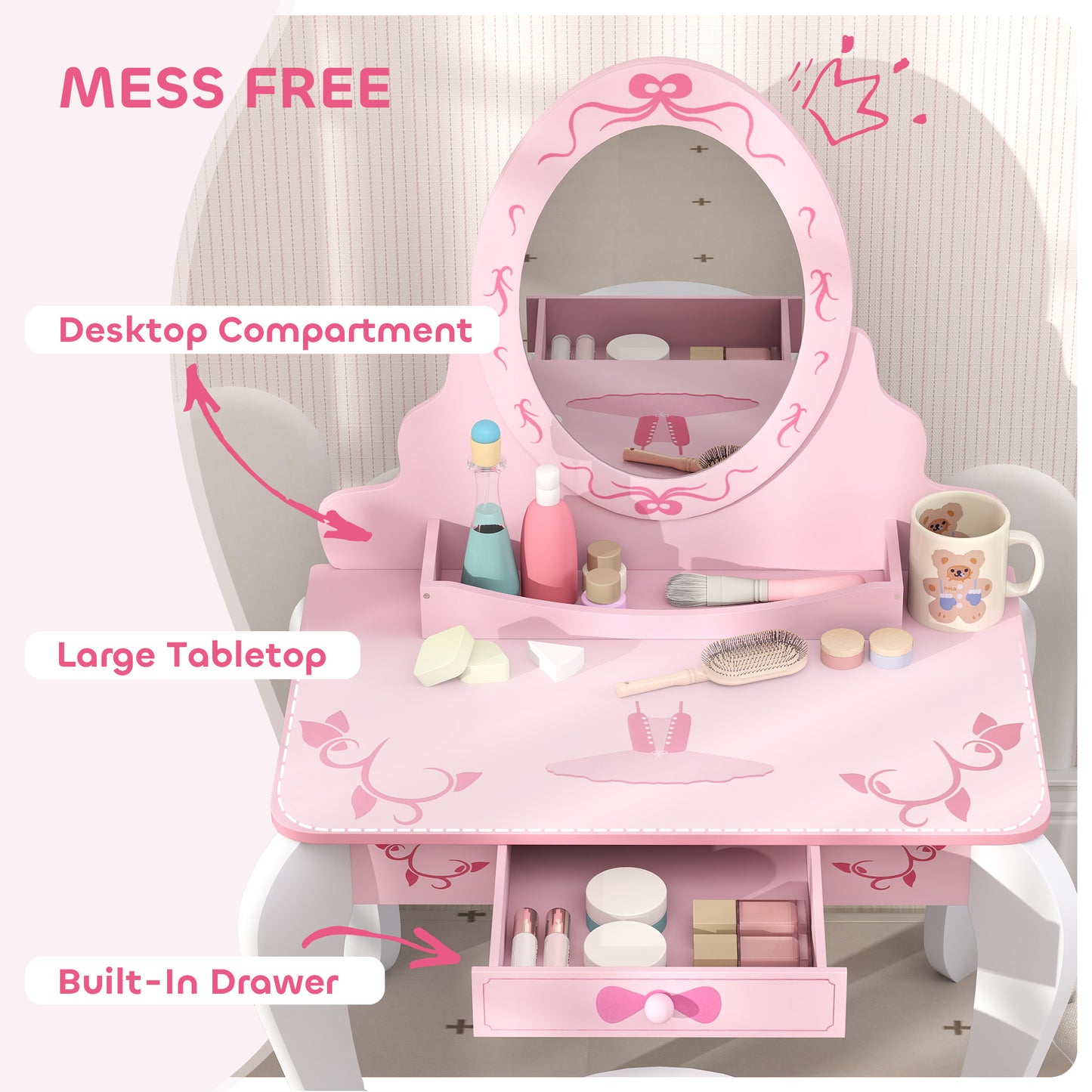 AIYAPLAY Kids Dressing Table Set, Vanity Table with Stool, Mirror, Drawer, Desktop Storage, Ballet Theme, Pink