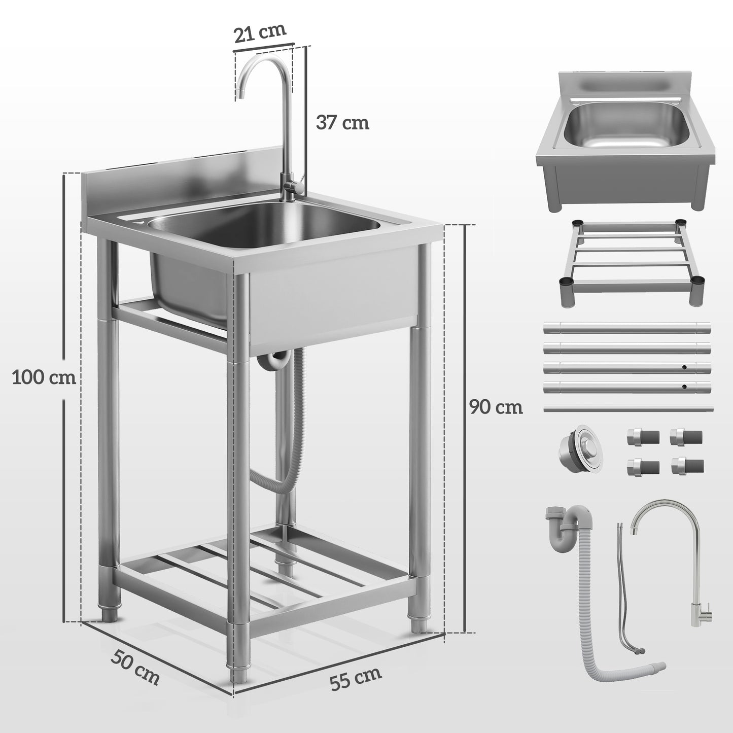 Outdoor Utility Sink, Free Standing Single Bowl Kitchen Sink with Cold and Hot Water Pipe and Storage Shelf for Laundry Garage, Silver Tone