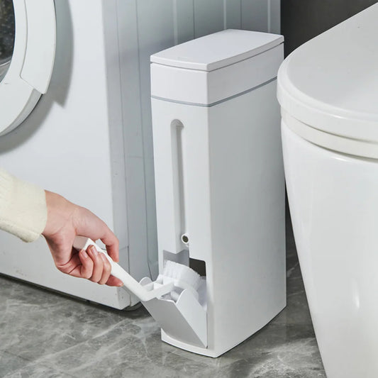 Slim Trash Can with Cleaning Brush and Lid Plastic Waste Basket Garbage Bucket for Bathroom Narrow Space