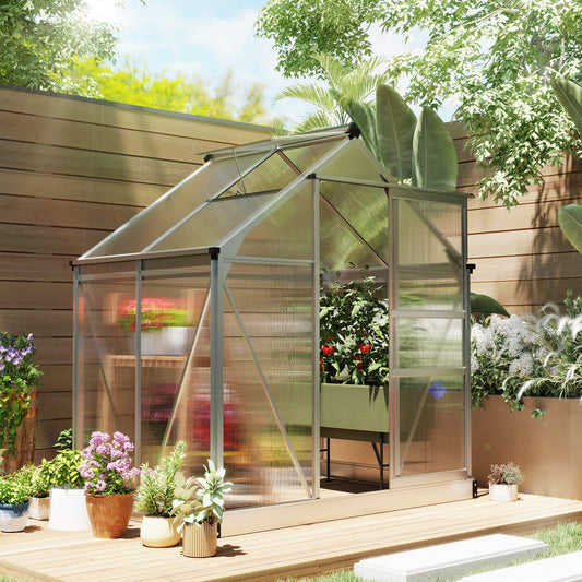 Walk-In Polycarbonate Greenhouse | 6x4ft | Aluminium Frame | Sliding Door | Roof Vent | 40kg/m² Snow Load | Silver