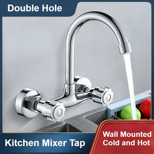 Wall Mounted Kitchen Mixer Tap Double Handle Kitchen Faucets Cold and Hot Water Tap 360 Rotation Sink Faucet Kitchen Accessories