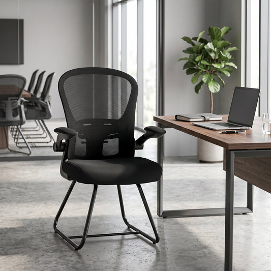 Mesh Office Reception Chair | Flip-Up Arms | Lumbar Support | Steel Base | Black | 120kg | 921-957V70BK