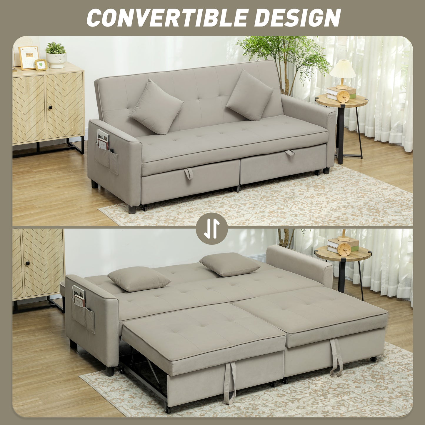 Three-Person Velvet-Feel Sofa Bed - Beige