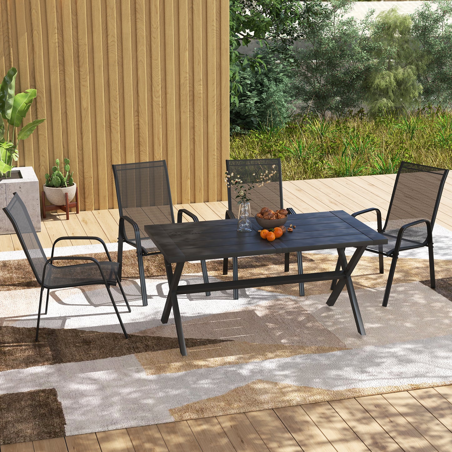 Outsunny Set of Four Stackable Mesh Seat Garden Outdoor Dining Chairs - Black