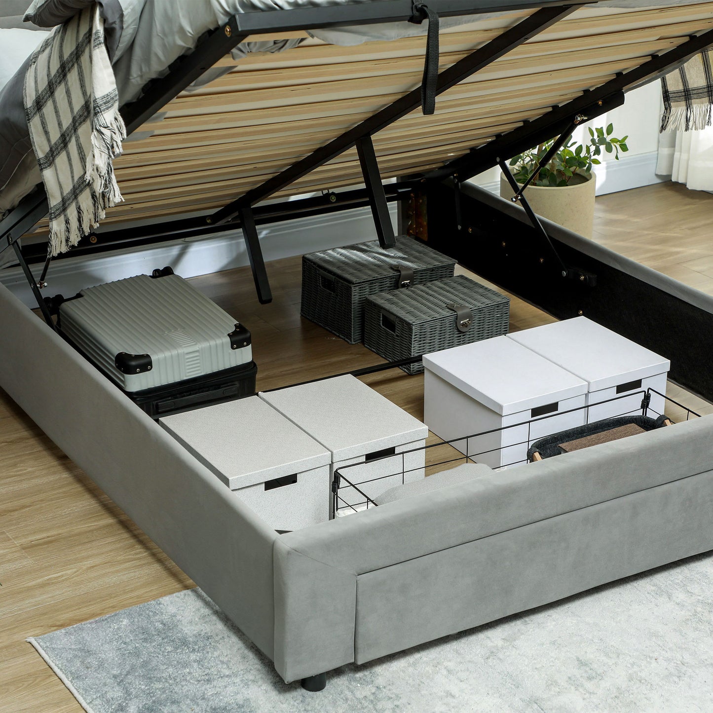 King Size Ottoman Bed Frame, with Front Drawer - Grey