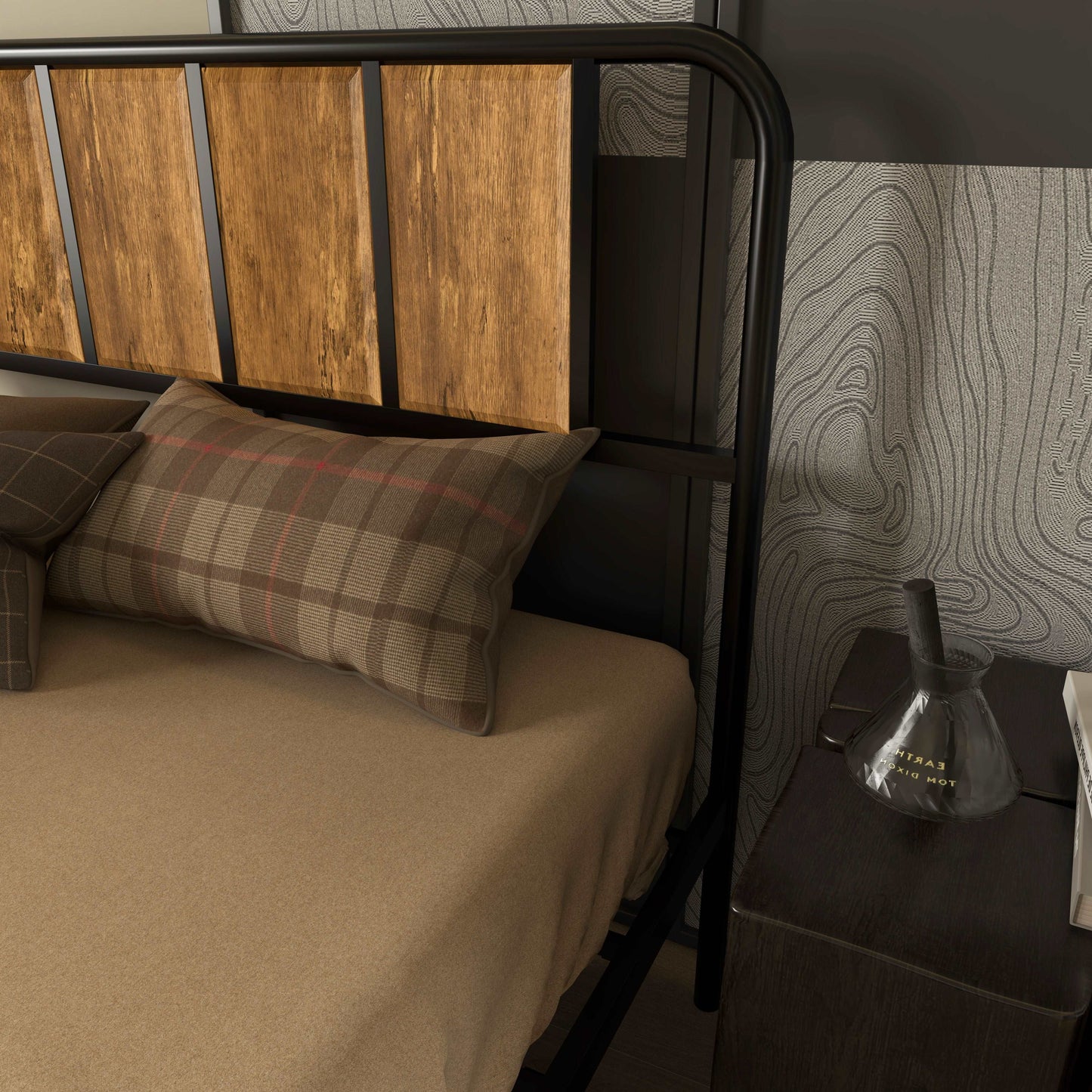 25.5cm Retro Double Bed Frame, Industrial Bed Base with Headboard, Footboard, Steel Slat Support and Under Bed Storage, 145 x 199cm, Rustic Brown