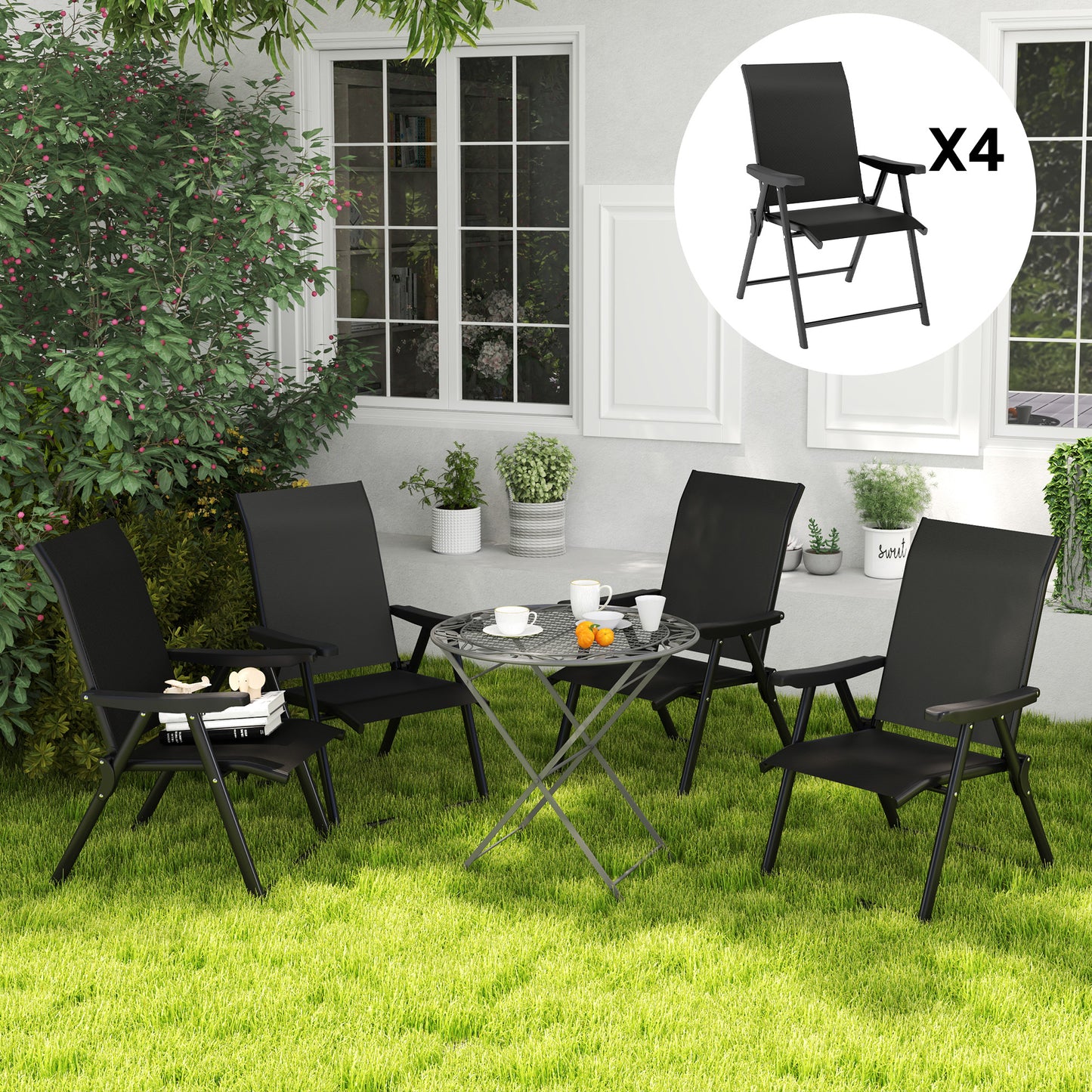 Outsunny Set of Four Folding Outdoor Garden Chairs - Black