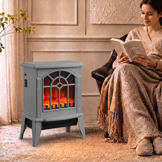 Electric Fireplace Stove | Grey Freestanding 2000W Heater with 3D LED Flame Effect