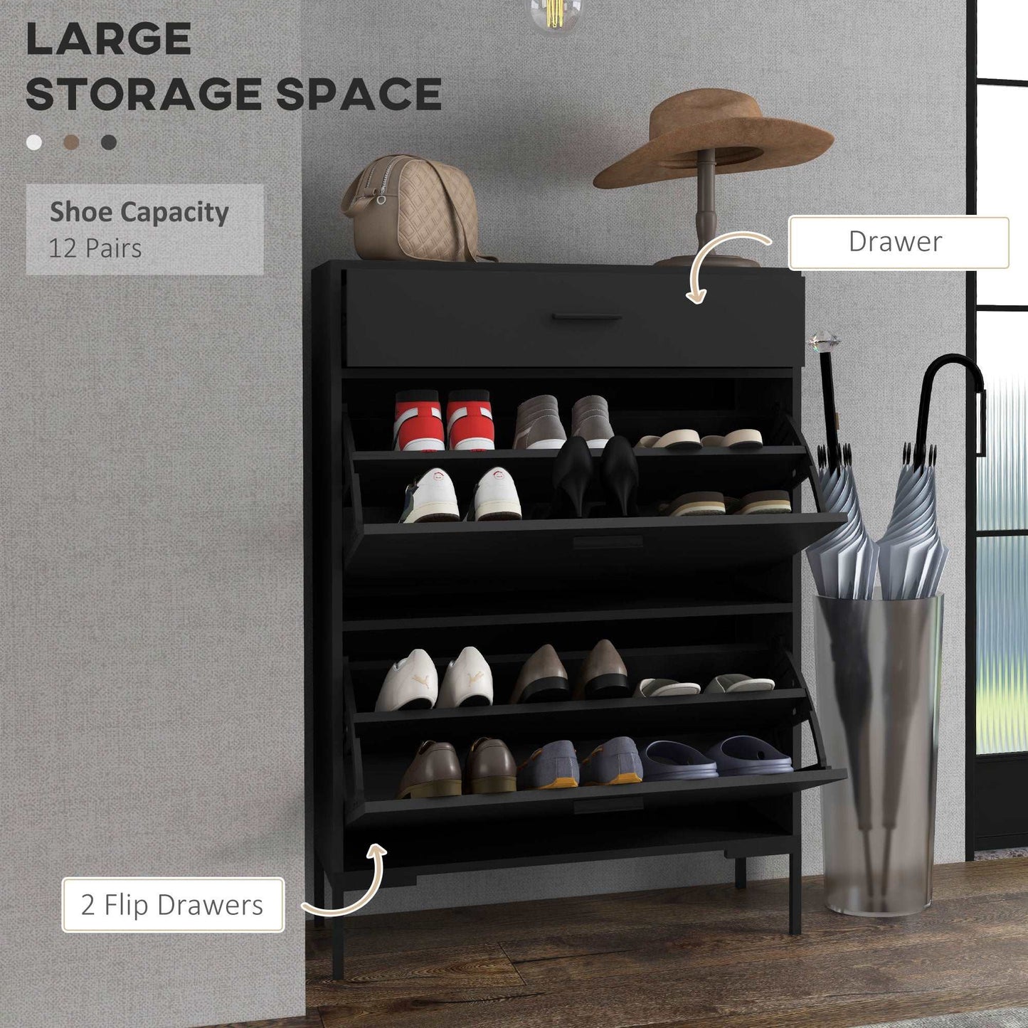 3 Drawer Shoe Cabinet Cupboard with 2 Flip Doors, Sliding out Drawer and Adjustable Shelf for 12 Pairs of Shoes, Narrow Shoe Storage Organiser for Hallway, Entryway, Black