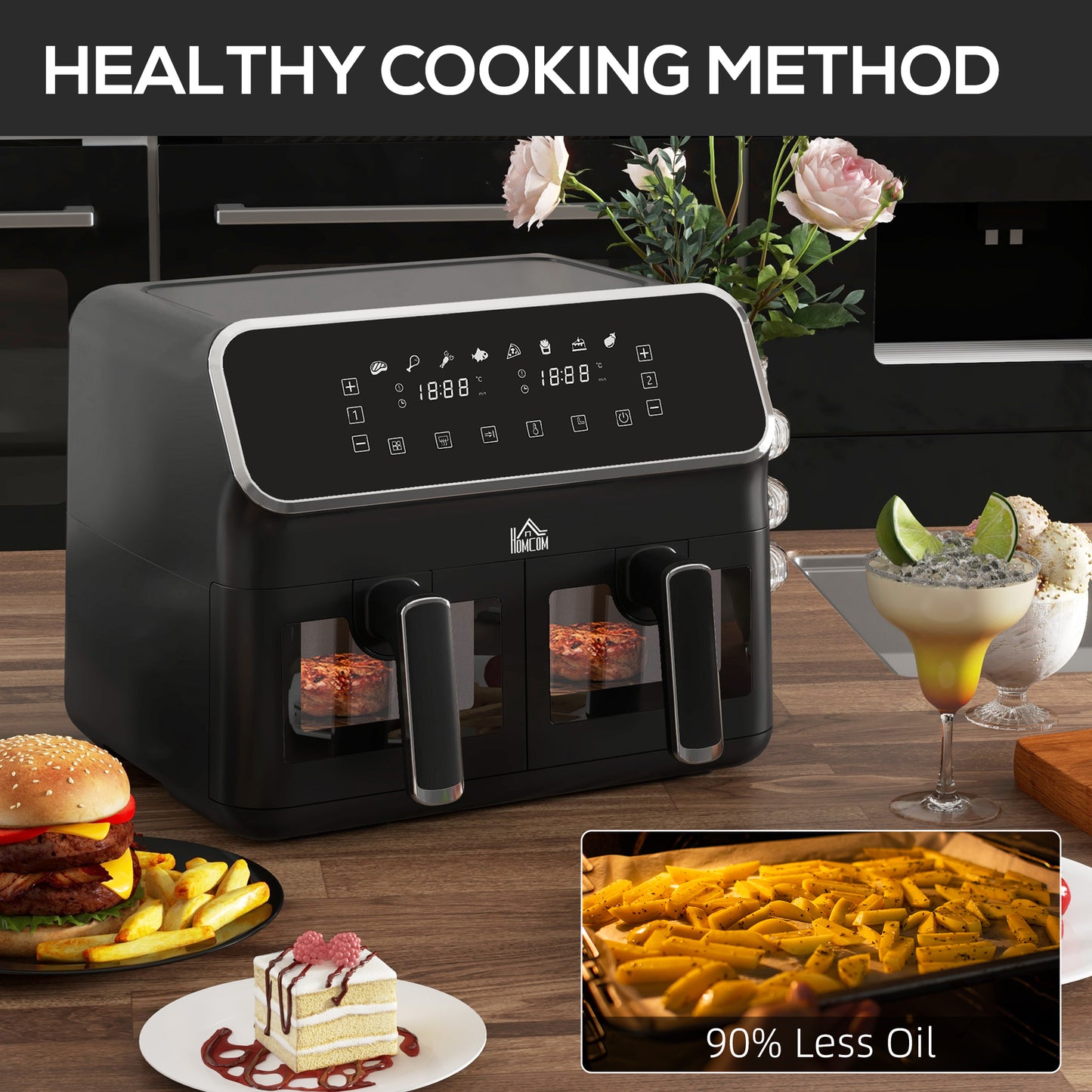 Dual Air Fryer Double Oven, 8L Family Size W/ 8-In-1 Presets, Smart Finish, Digital Display, Visual Window, Recipe, Timer, Healthy Cooking - Silver