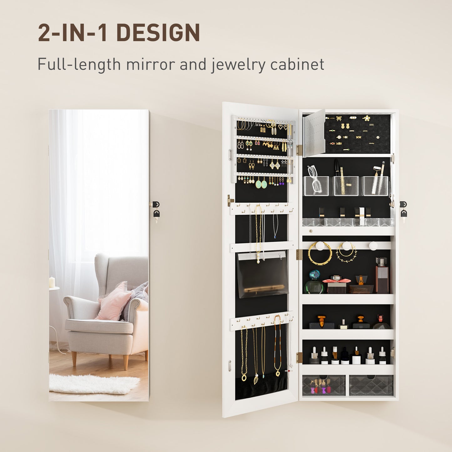 108 x 37cm Lockable Jewellery Cabinet, with LED Lights - White Surface and Black Lining