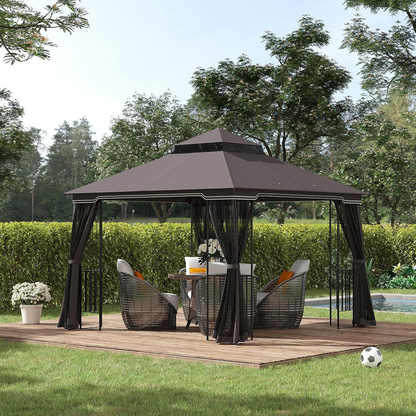 Gazebo Garden Outdoor Canopy Double Tier Roof with Mesh Curtains Display Shelves Coffee 3 x 3(m)