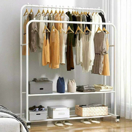 Heavy Duty Rolling Clothes Rack with Wheels Metal Coat Hanger Stand Shoes Storage Organizer