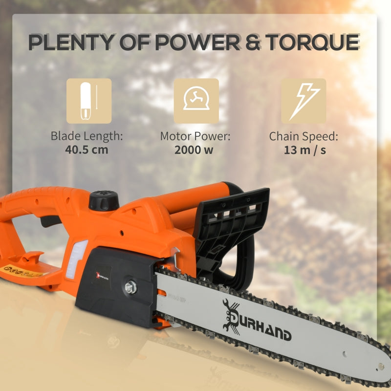 DURHAND Aluminium Electric Chainsaw with Double Brake Protection and Blade Cover, 2000 W, 40 cm, for Wood, Trees and Branches, Orange