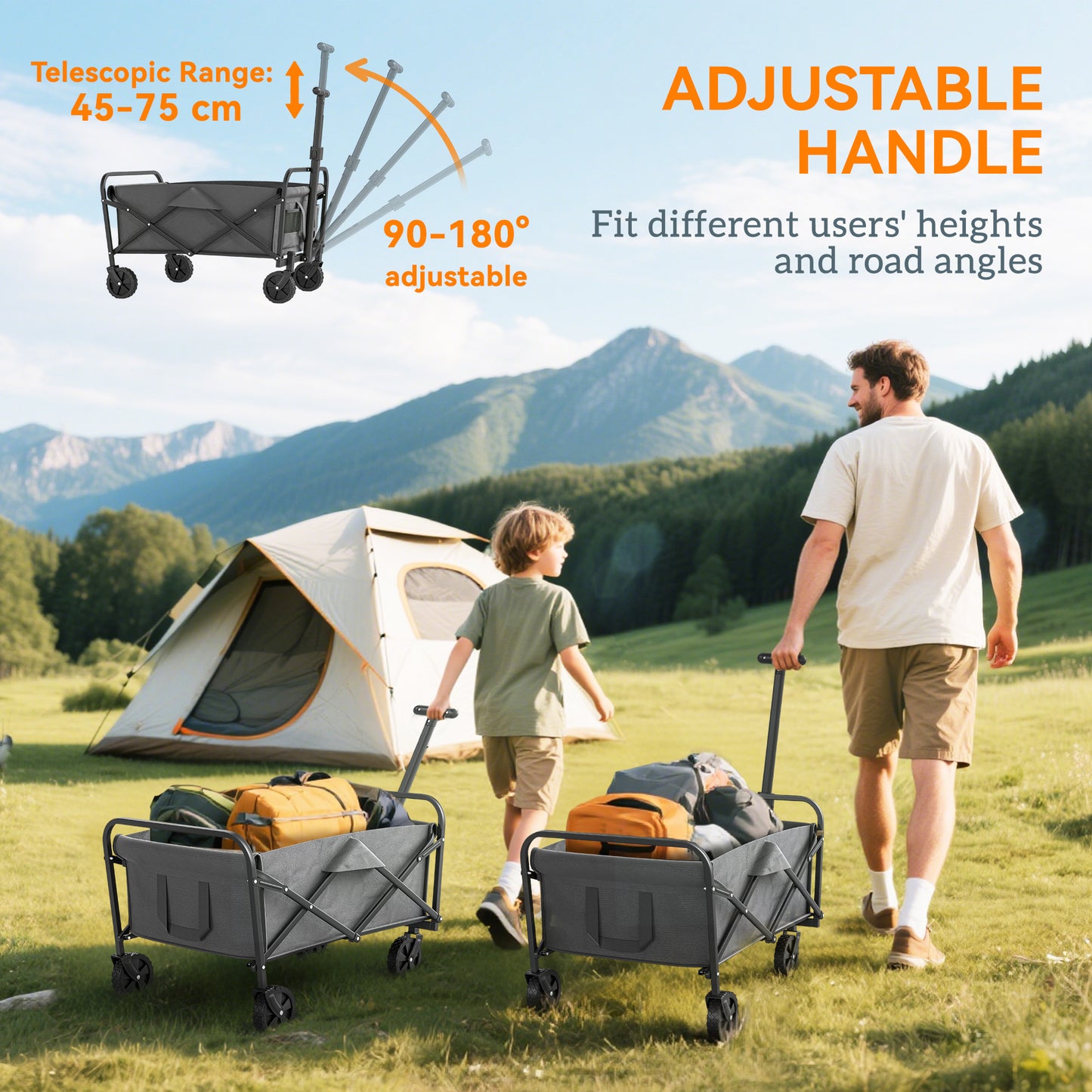 62L Festival Trolley on Wheels, Garden Folding Trolley Cart, 120kg Heavy Duty Collapsible Folding Wagon W/ Adjustable Handle and Carrying Bag for Beach, Camping, Festival