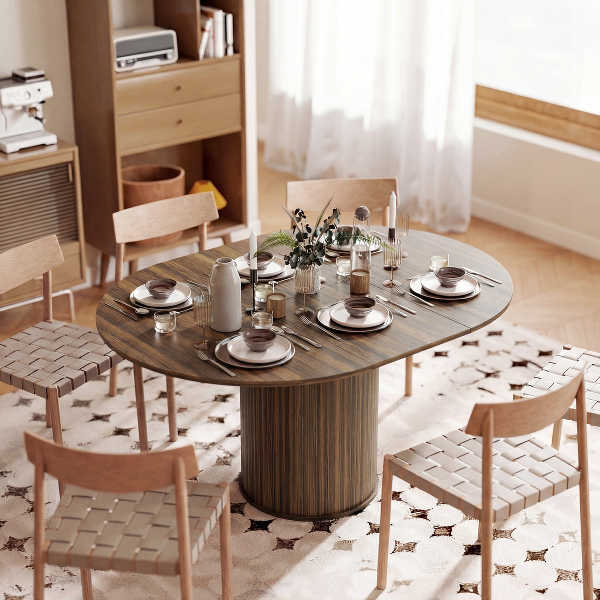 Extendable Dining Table | 110–150cm Round to Oval | Dark Walnut-Effect Finish & Fluted Pedestal Base | Hidden Extension Leaf Storage | Seats up to 6–8