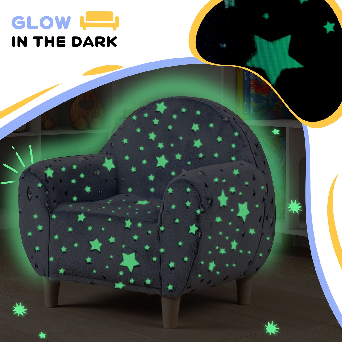 AIYAPLAY Kids Armchair, Glow in the Dark Chair with Star Design for Bedroom, Playroom, Kids Room, Grey / Pink