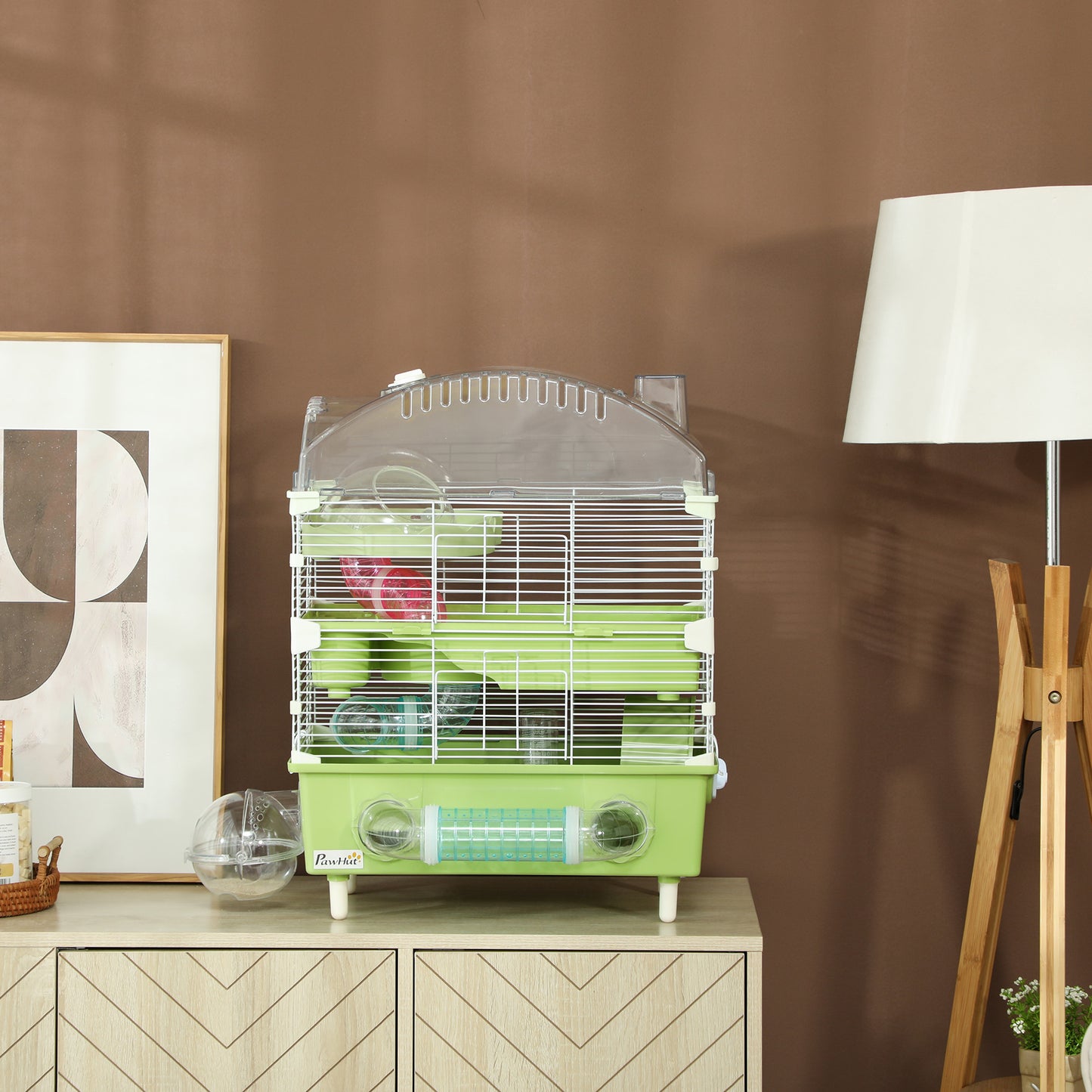 PawHut 3-Tier Hamster Cage with Transparent Top, Sand Bathroom, Exercise Wheel, Hideout Room, Tubes, 45 x 28 x 60 cm, Green