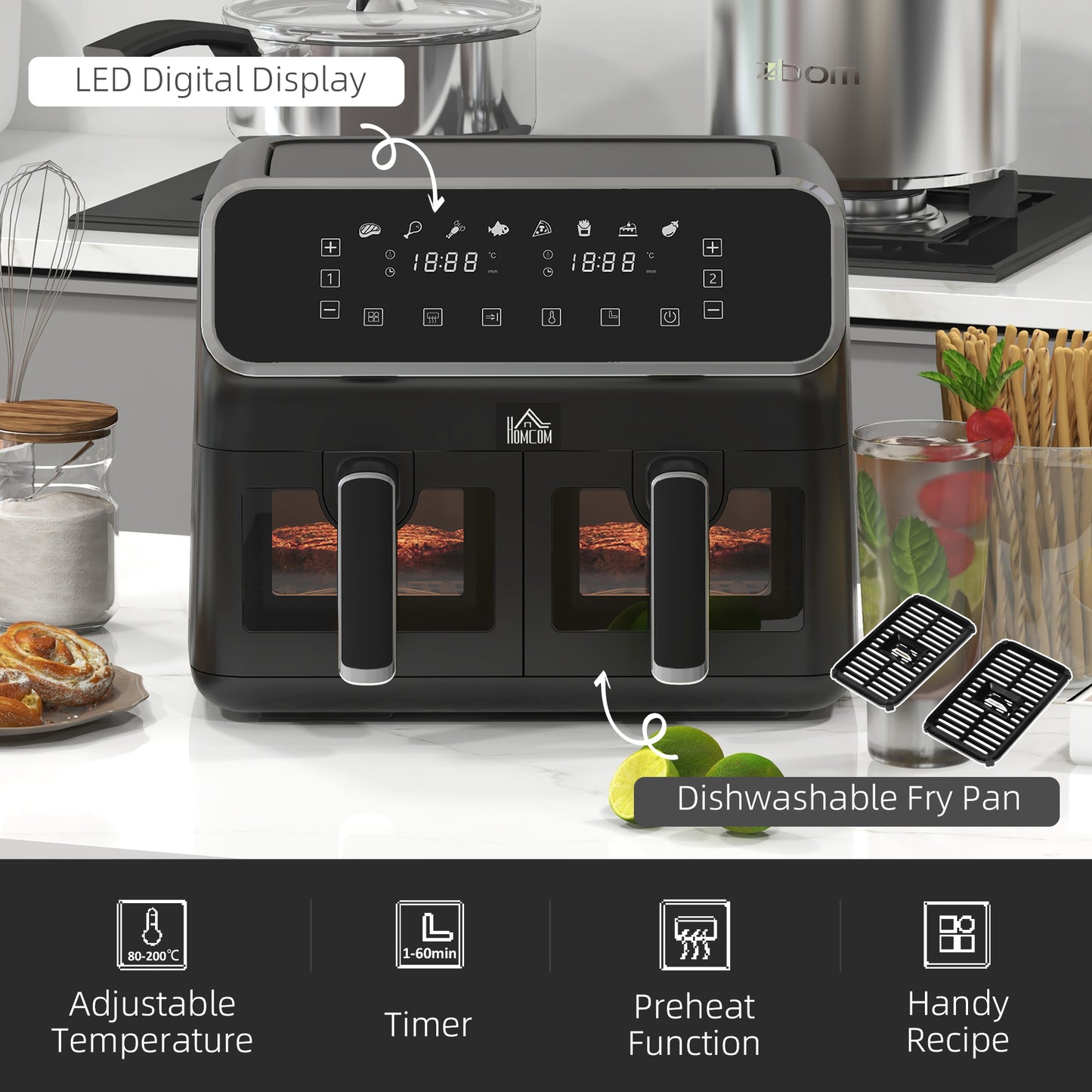 Dual Air Fryer Double Oven, 8L Family Size W/ 8-In-1 Presets, Smart Finish, Digital Display, Visual Window, Recipe, Timer, Healthy Cooking - Silver