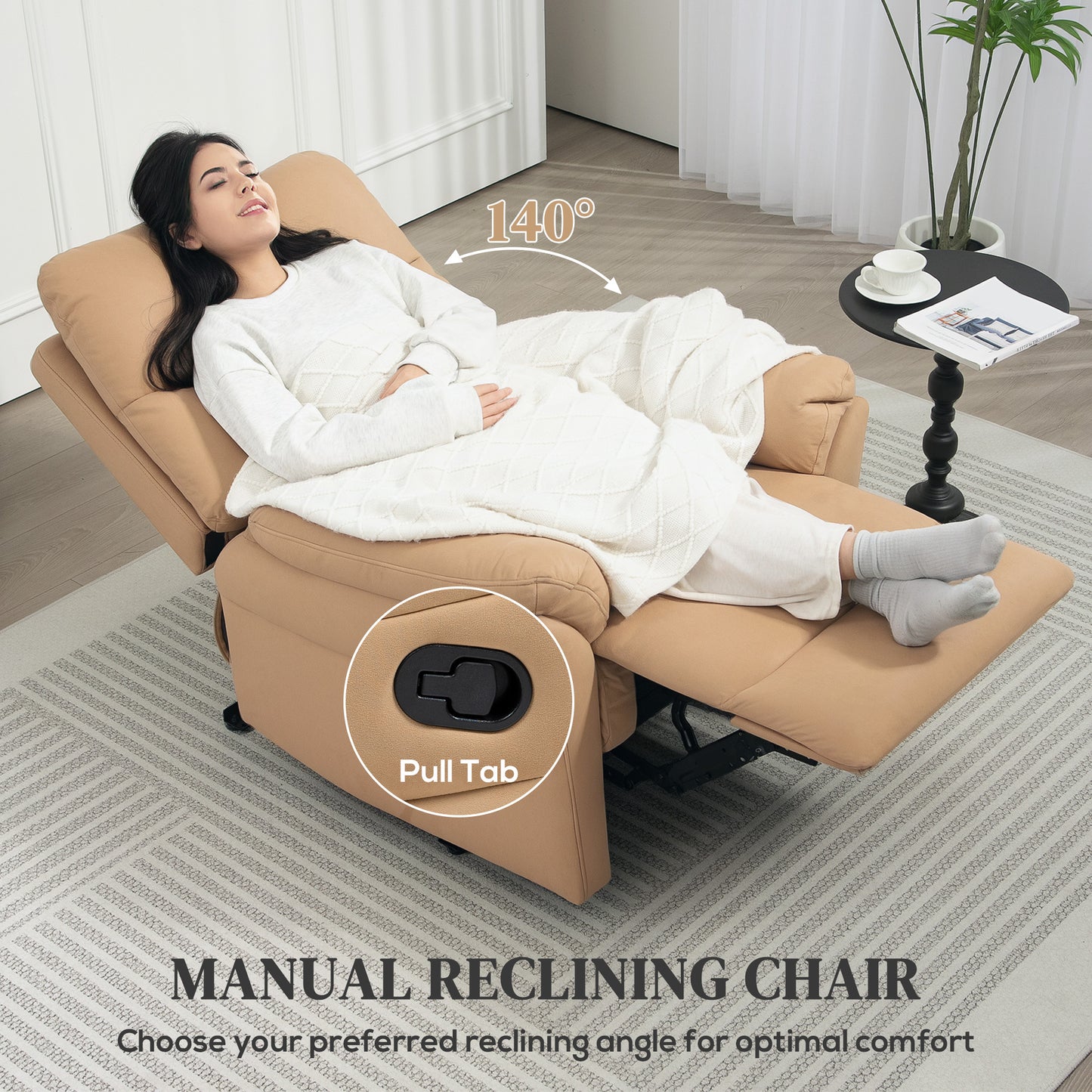 140° Manual Reclining Armchair, with Footrest - Light Brown