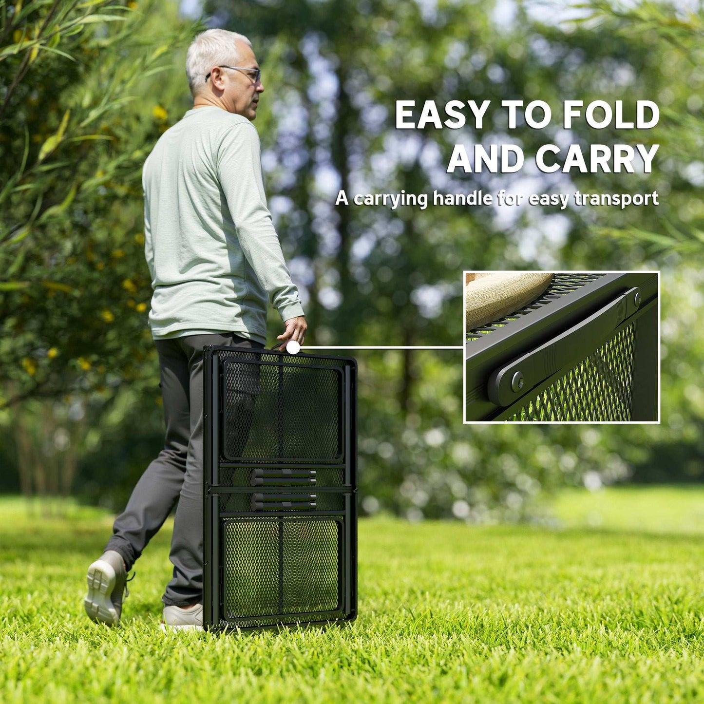 Folding Grill Table, 4.5ft Portable Camping Table with 2 Wing Panels, Height Adjustable Metal Picnic Table for Camping, Picnic and BBQ, Black
