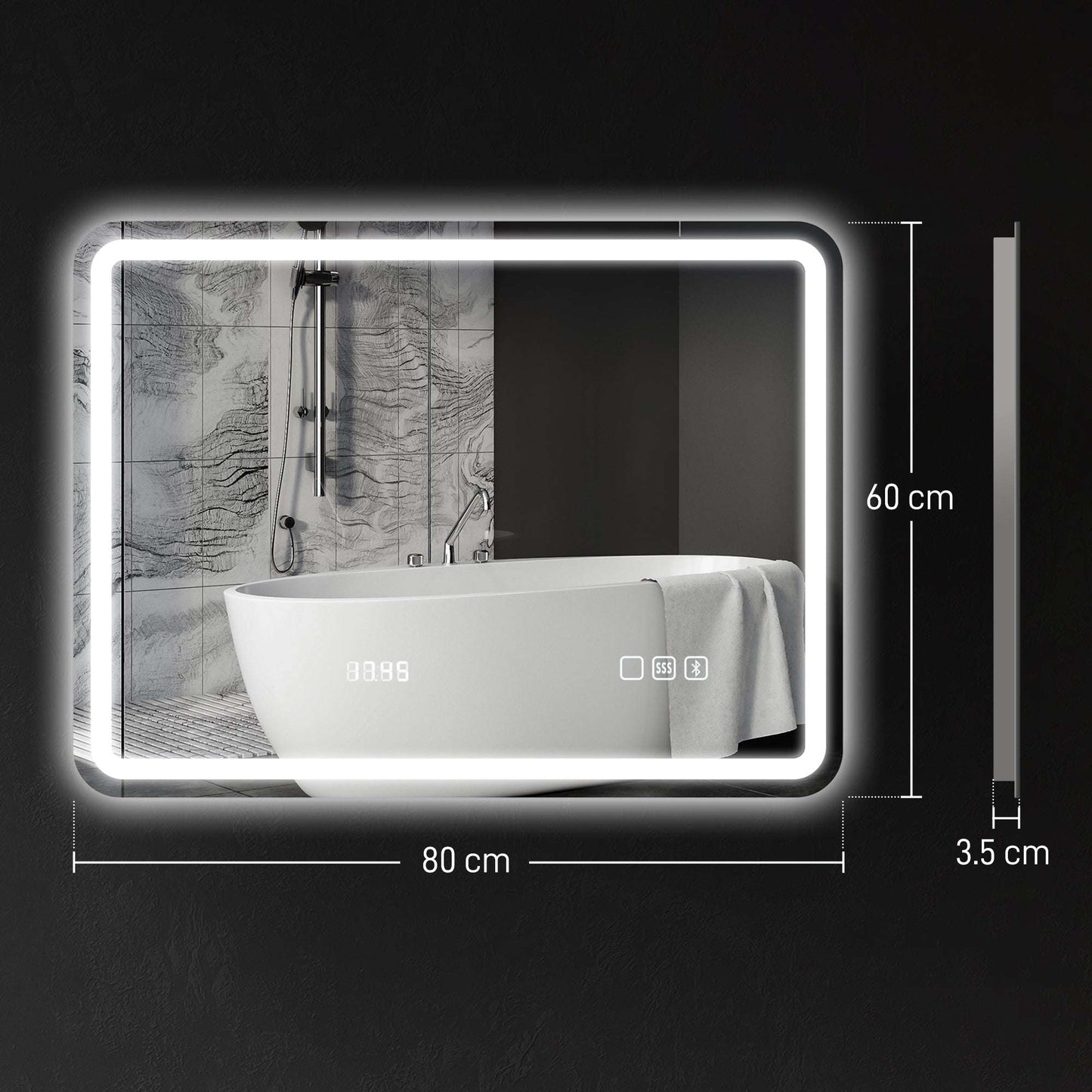 60 x 80 cm Bluetooth LED Bathroom Mirror with Clock Anti-Fog - Silver Tone